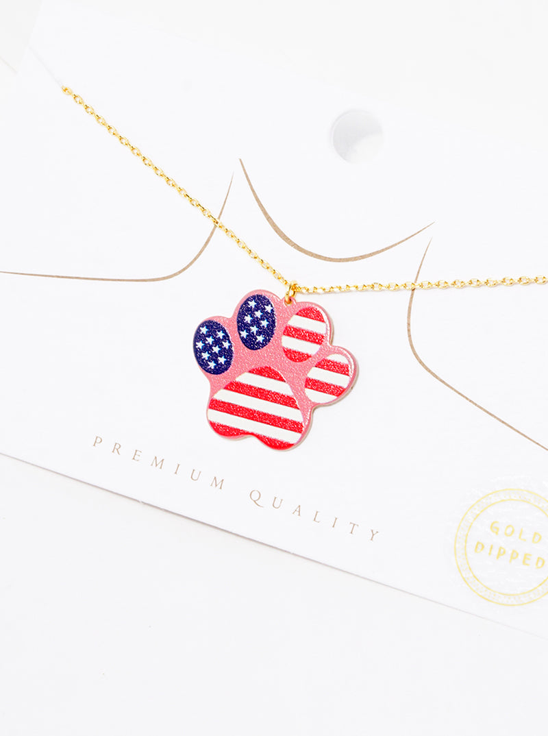 18k Gold Dipped US Flag Print Game Day Mascot Dog Paw Pendant Necklace