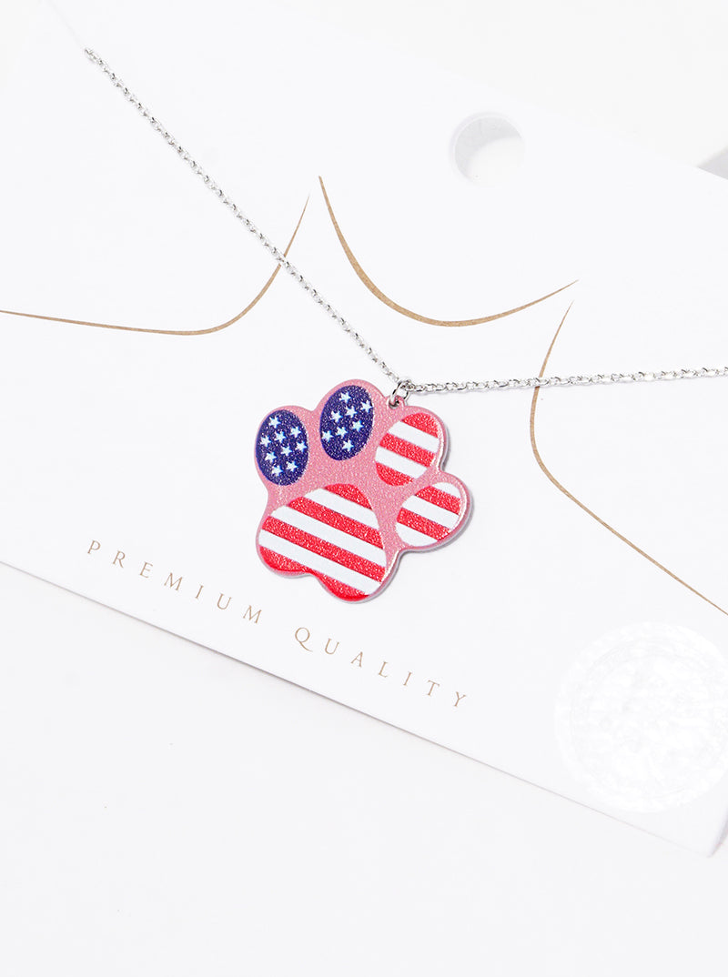 18k Gold Dipped US Flag Print Game Day Mascot Dog Paw Pendant Necklace