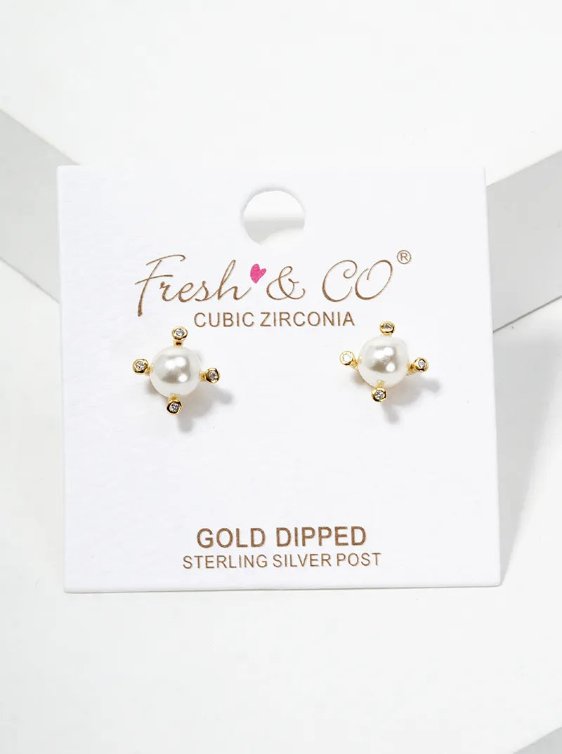 18k Gold Dipped 6mm Glass Pearl Post Stud Earrings