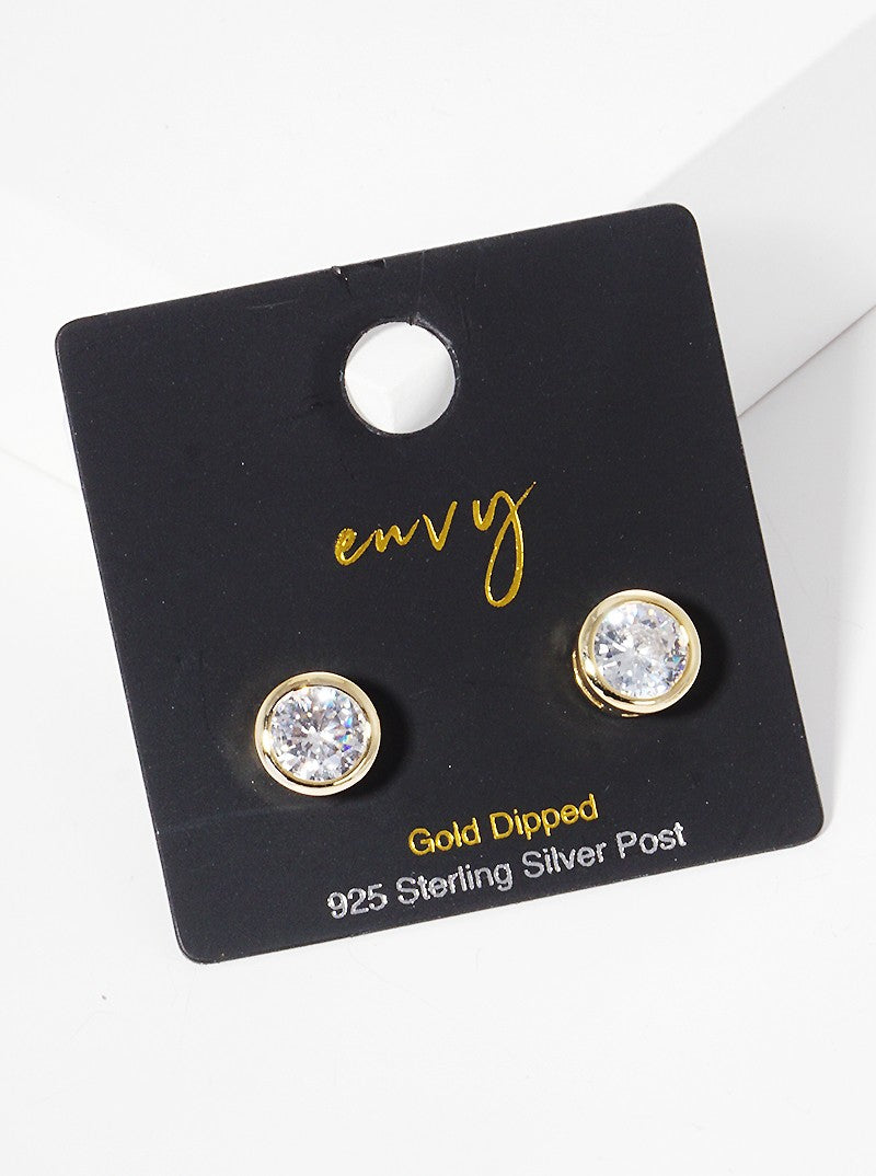 18k Gold Dipped 6mm Round Bezel CZ Sterling Silver Post Stud Earrings