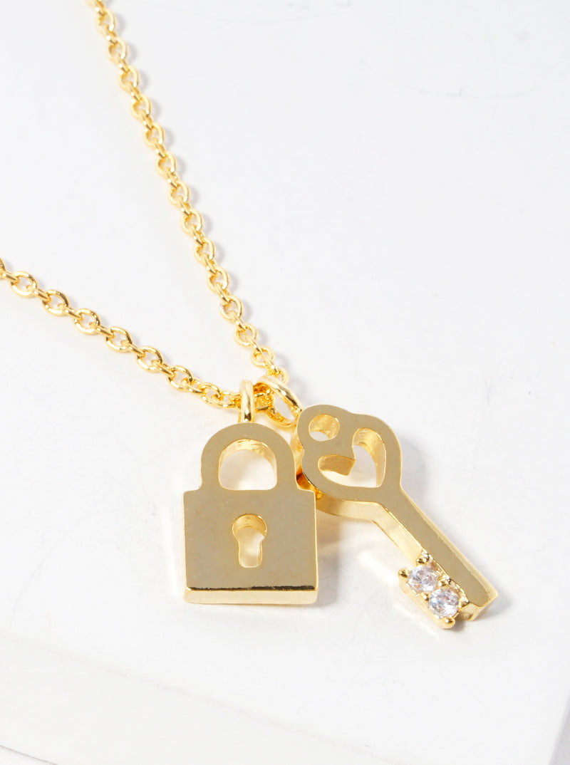 18k Gold Dipped CZ  Padlock And Heart Key Pendant Delicate Necklace