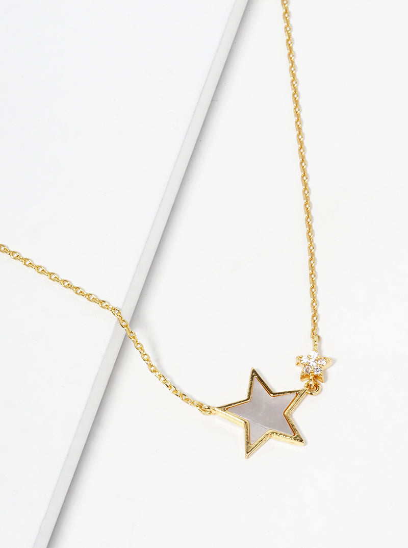 18k Gold Dipped CZ MOP Double Star Pendant Delicate Necklace
