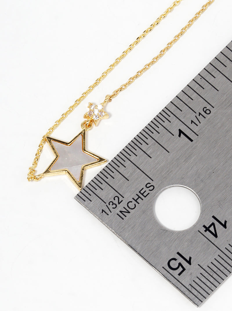 18k Gold Dipped CZ MOP Double Star Pendant Delicate Necklace