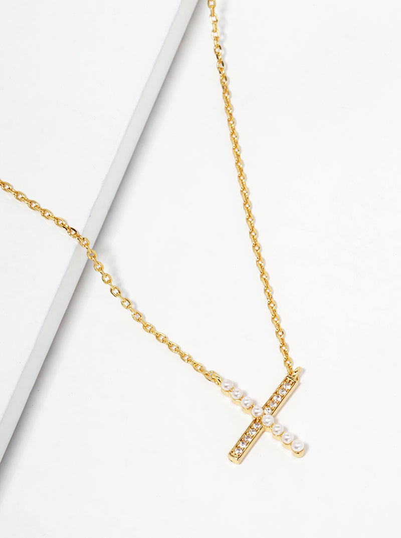 18k Gold Dipped CZ And Pearl Beaded X Shape Pendant Delicate Necklace