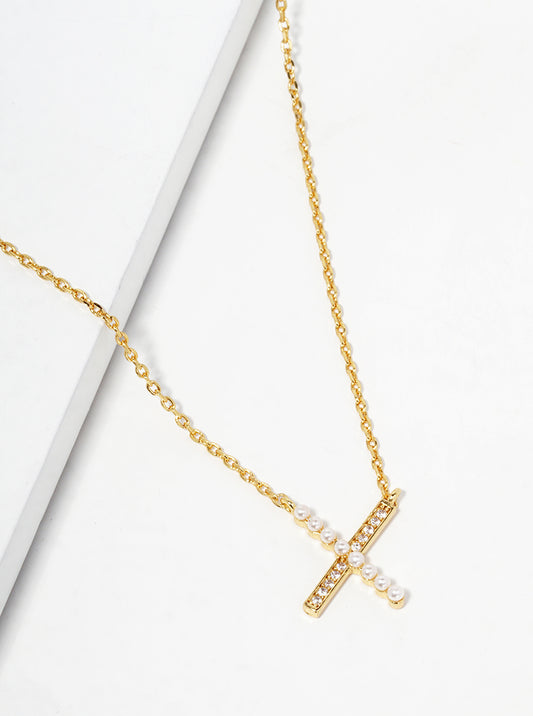 18k Gold Dipped CZ And Pearl Beaded X Shape Pendant Delicate Necklace