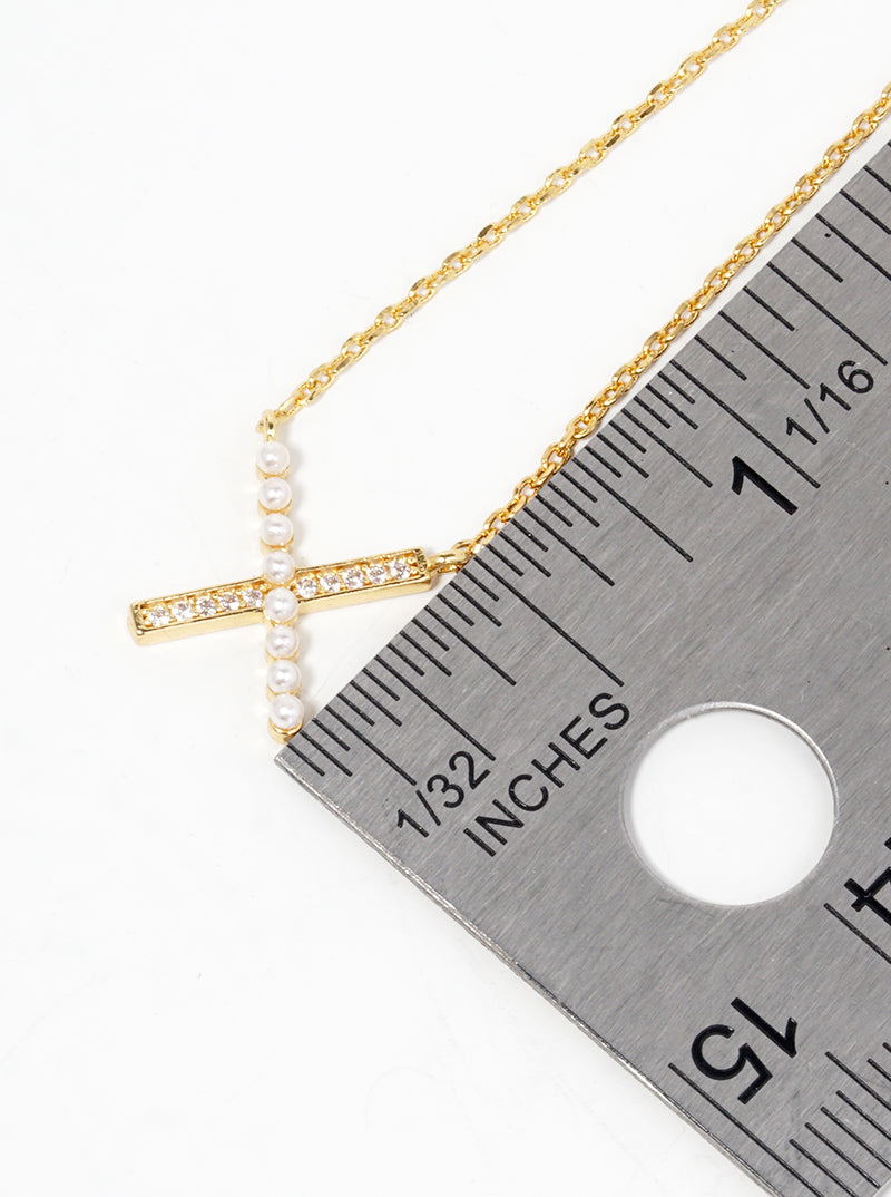 18k Gold Dipped CZ And Pearl Beaded X Shape Pendant Delicate Necklace