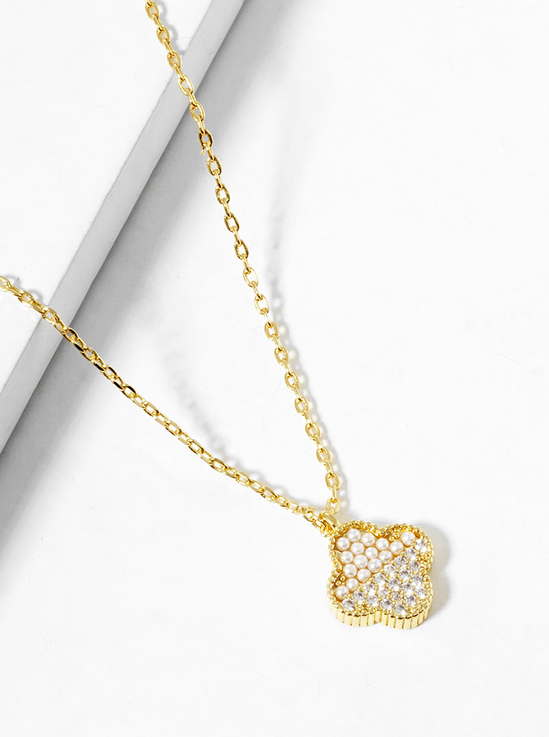 18k Gold Dipped CZ And Pearl Beaded Quatrefoil Pendant Necklace
