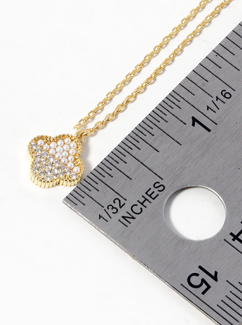 18k Gold Dipped CZ And Pearl Beaded Quatrefoil Pendant Necklace
