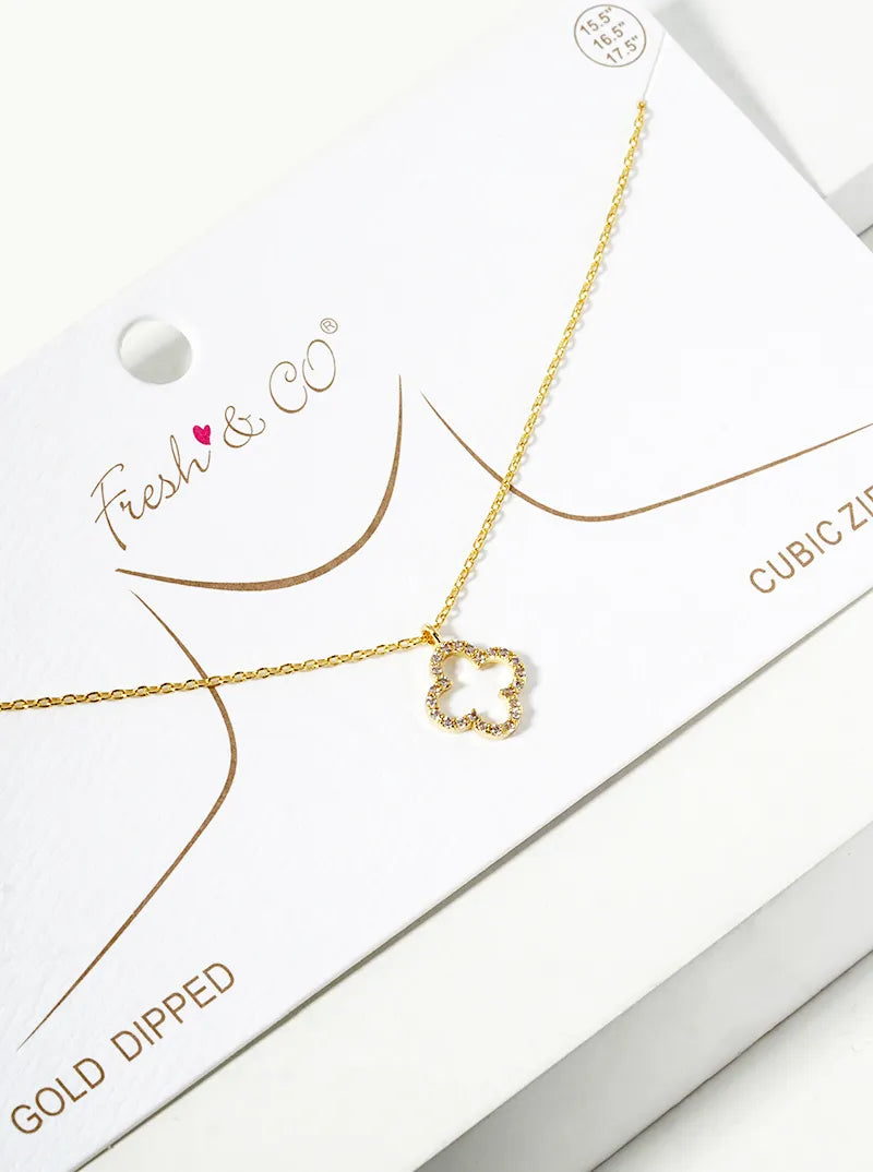 18k Gold Dipped CZ Pave 10mm Quatrefoil Pendant Necklace