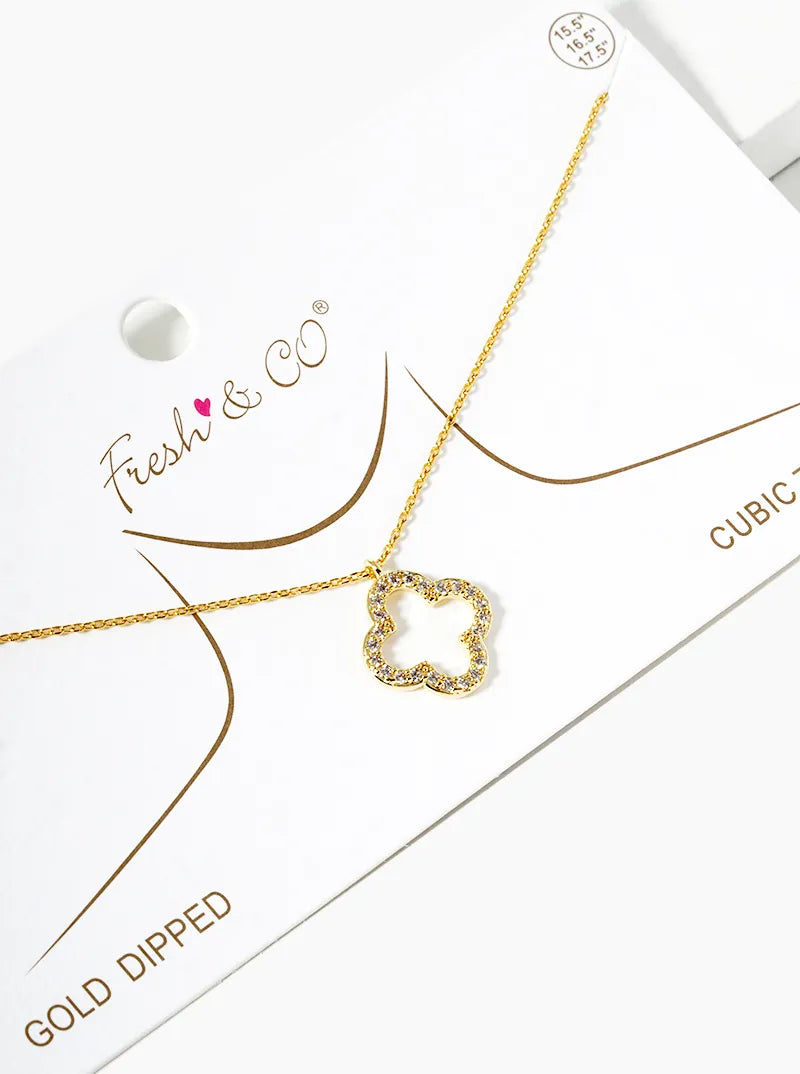 18k Gold Dipped CZ Pave 15mm Quatrefoil Pendant Necklace