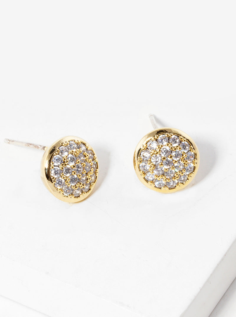 18k Gold Dipped CZ Pave 9mm Round Post Stud Earrings
