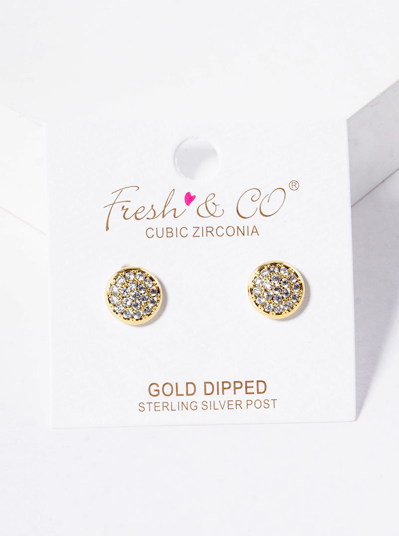 18k Gold Dipped CZ Pave 9mm Round Post Stud Earrings