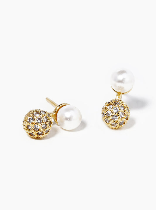 18k Gold Dipped CZ Pave Ball Drop Pearl Post Stud Earrings