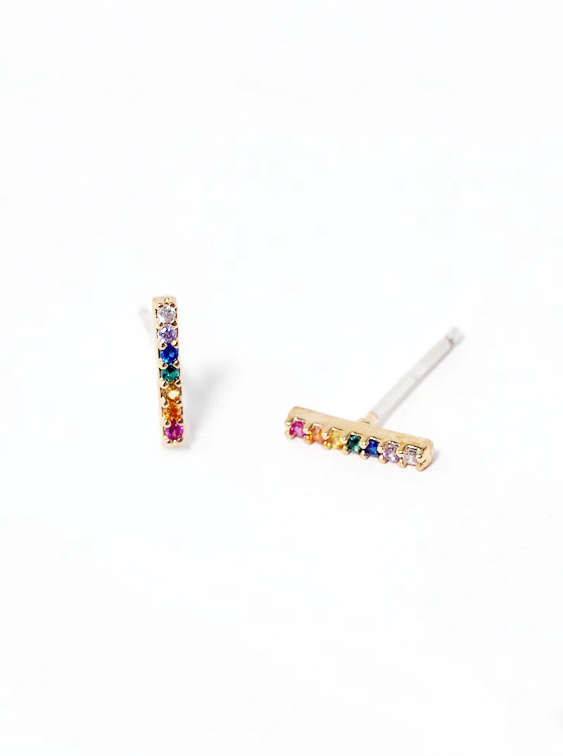 18k Gold Dipped CZ Pave Bar Sterling Silver Post Stud Earrings