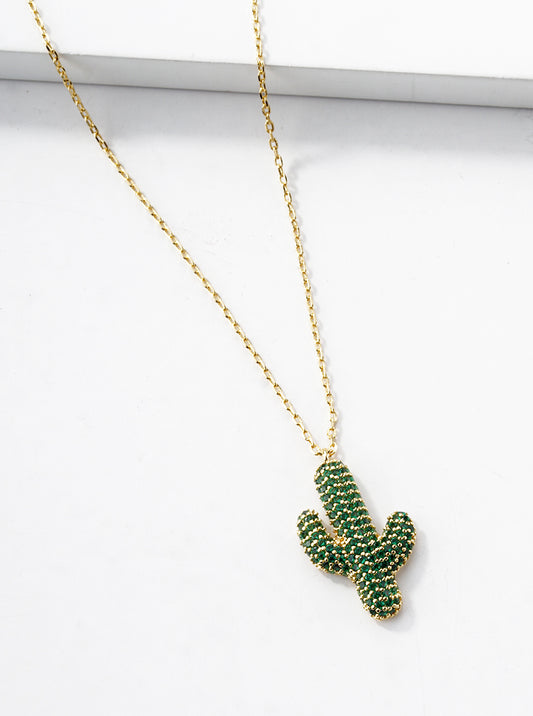 18k Gold Dipped CZ Pave Cactus Pendant Necklace