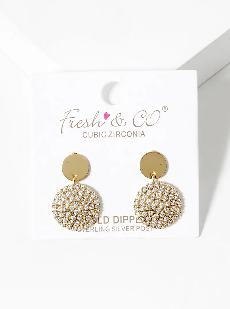 18k Gold Dipped CZ Pave Circle Drop Dangle Post Earrings