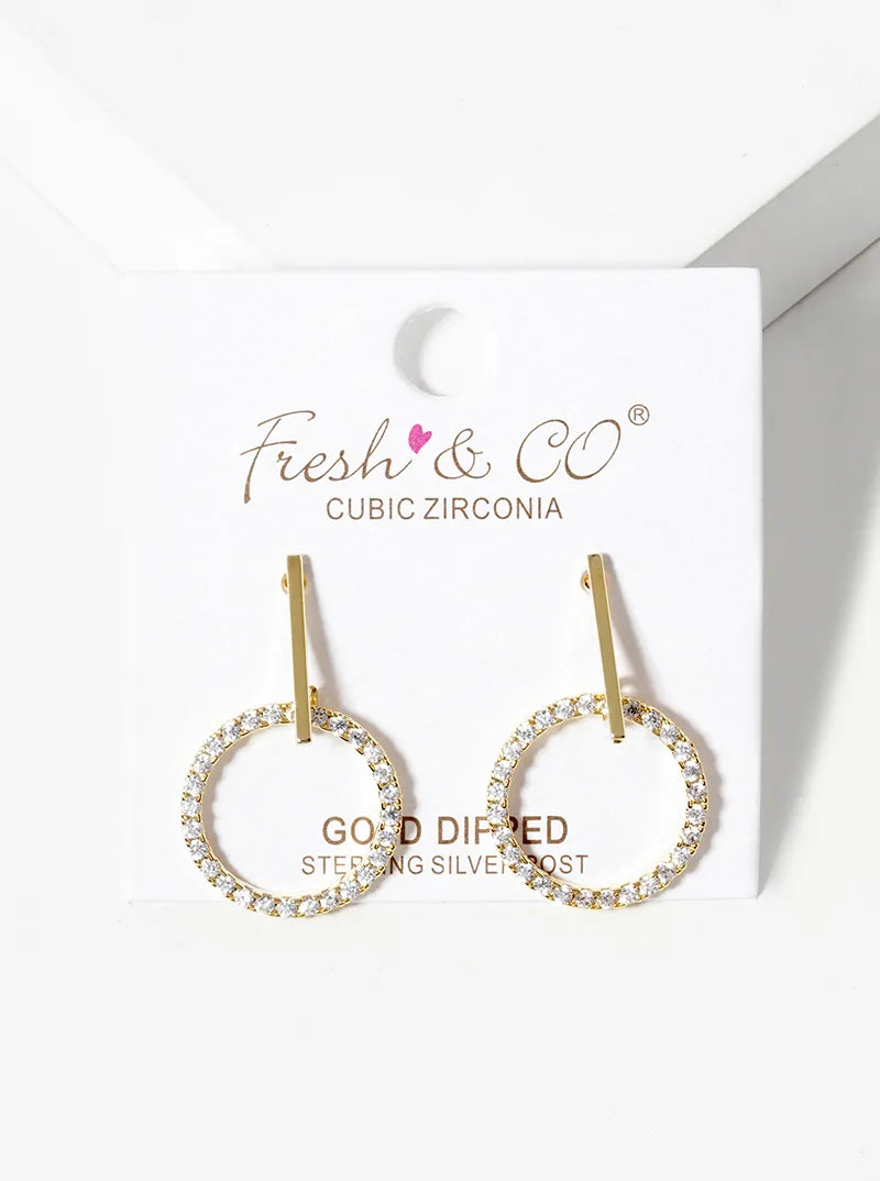 18k Gold Dipped CZ Pave Circle Drop Delicate Dangle Post Earrings