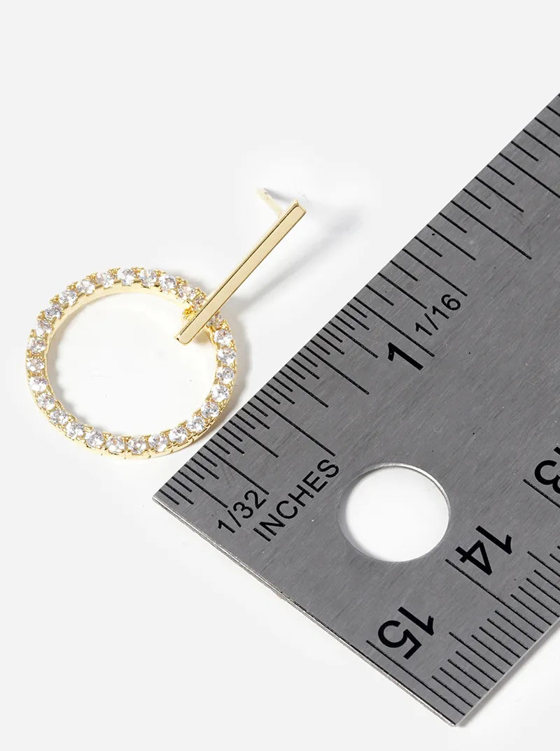 18k Gold Dipped CZ Pave Circle Drop Delicate Dangle Post Earrings