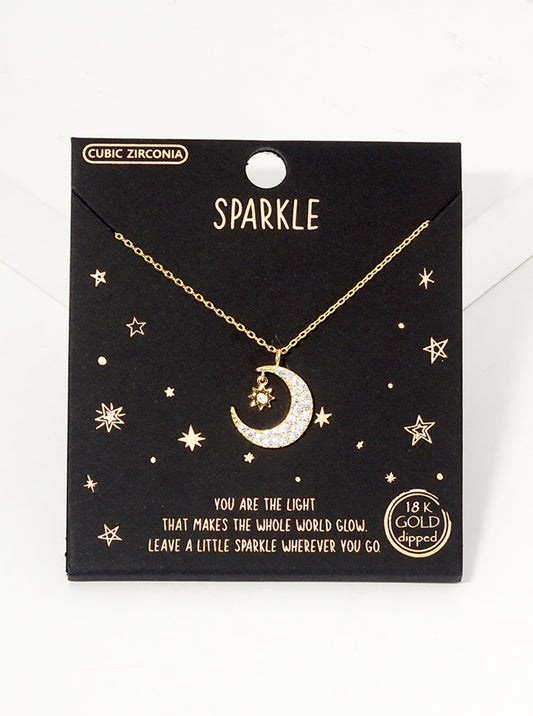 18k Gold Dipped CZ Pave Crescent Moon And Star Pendant Necklace