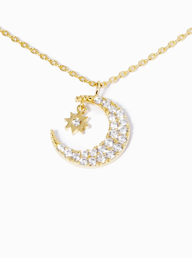 18k Gold Dipped CZ Pave Crescent Moon And Star Pendant Necklace