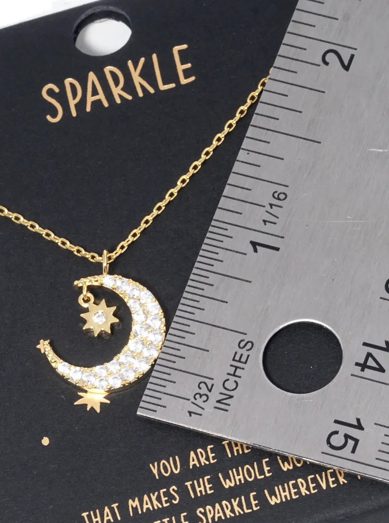 18k Gold Dipped CZ Pave Crescent Moon And Star Pendant Necklace