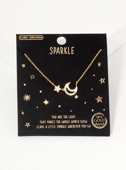 18k Gold Dipped CZ Pave Crescent Moon And Star Pendant Necklace