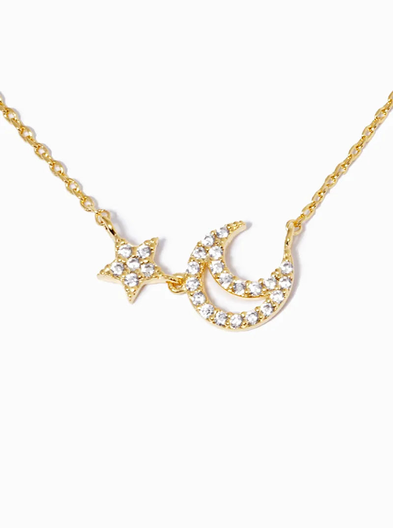 18k Gold Dipped CZ Pave Crescent Moon And Star Pendant Necklace