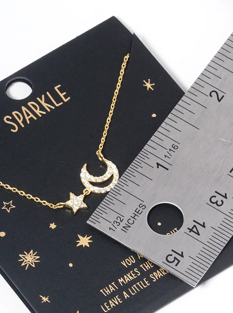 18k Gold Dipped CZ Pave Crescent Moon And Star Pendant Necklace