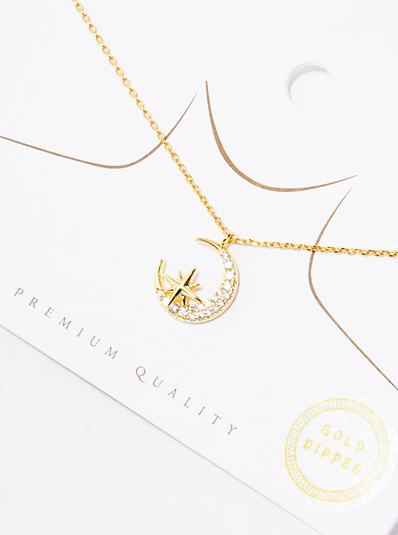 18k Gold Dipped CZ Pave Crescent Moon Pendant Necklace
