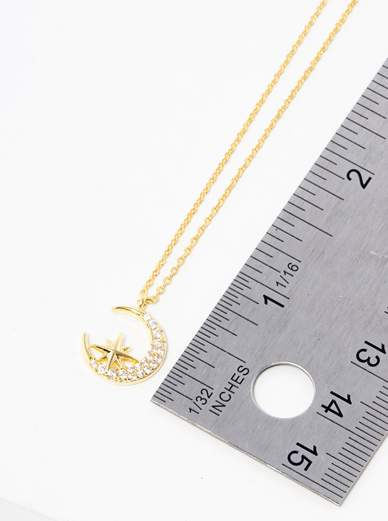 18k Gold Dipped CZ Pave Crescent Moon Pendant Necklace