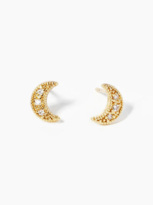 18k Gold Dipped CZ Pave Crescent Moon Post Stud Earrings