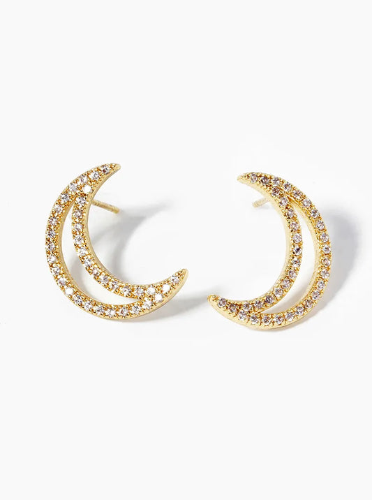 18k Gold Dipped CZ Pave Crescent Moon Post Stud Earrings