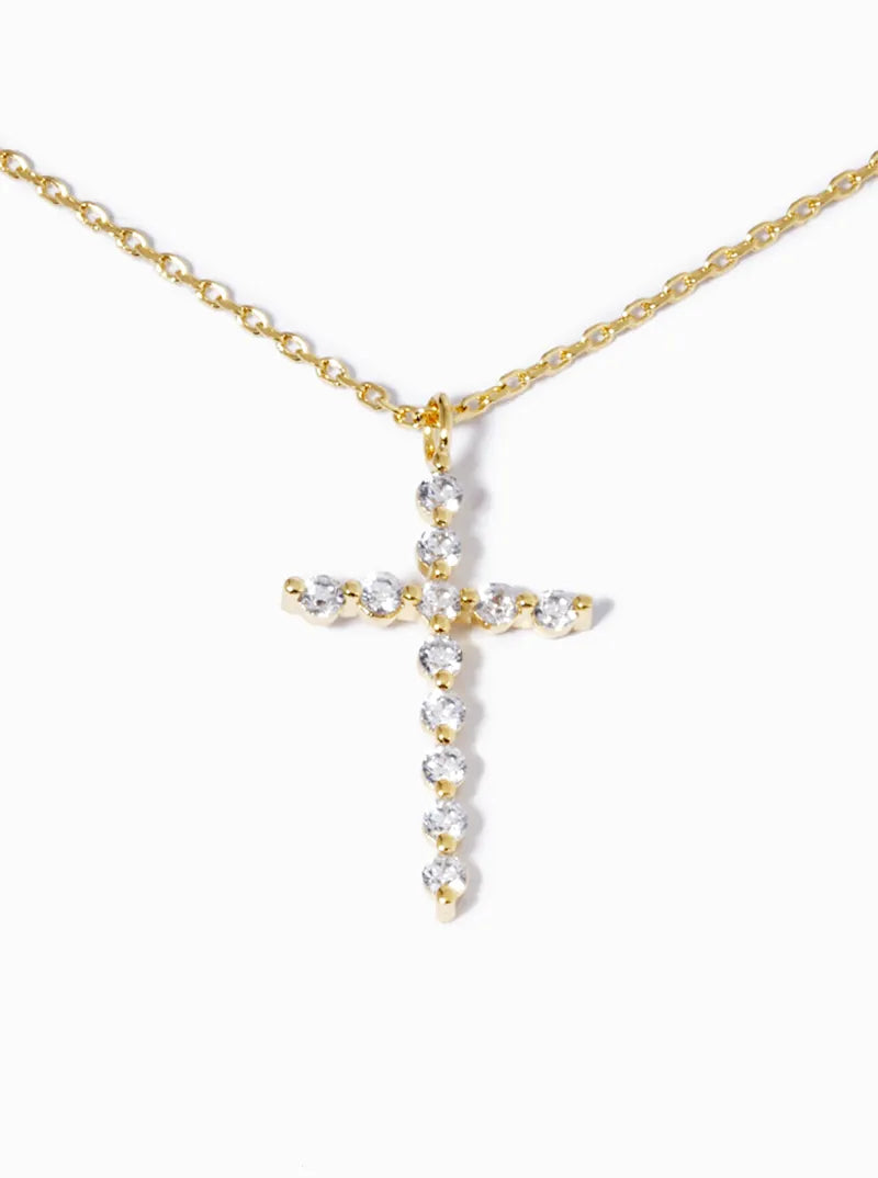18k Gold Dipped CZ Pave Cross Pendant Necklace