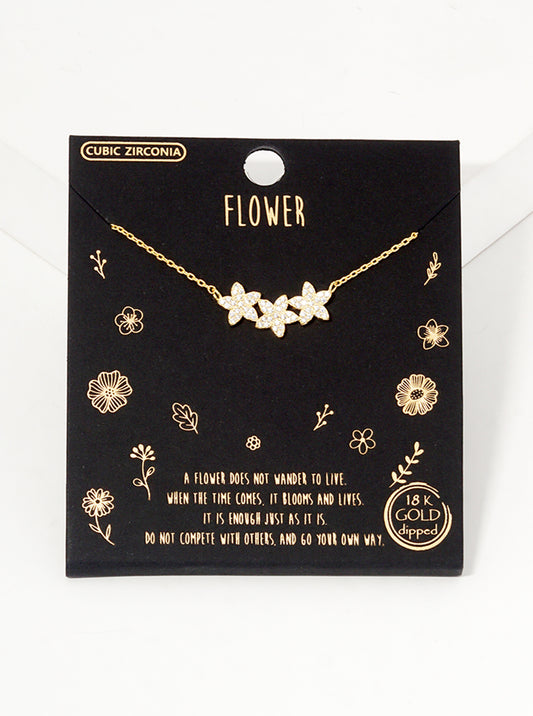 18k Gold Dipped CZ Pave Dainty Three Flower Pendant Necklace