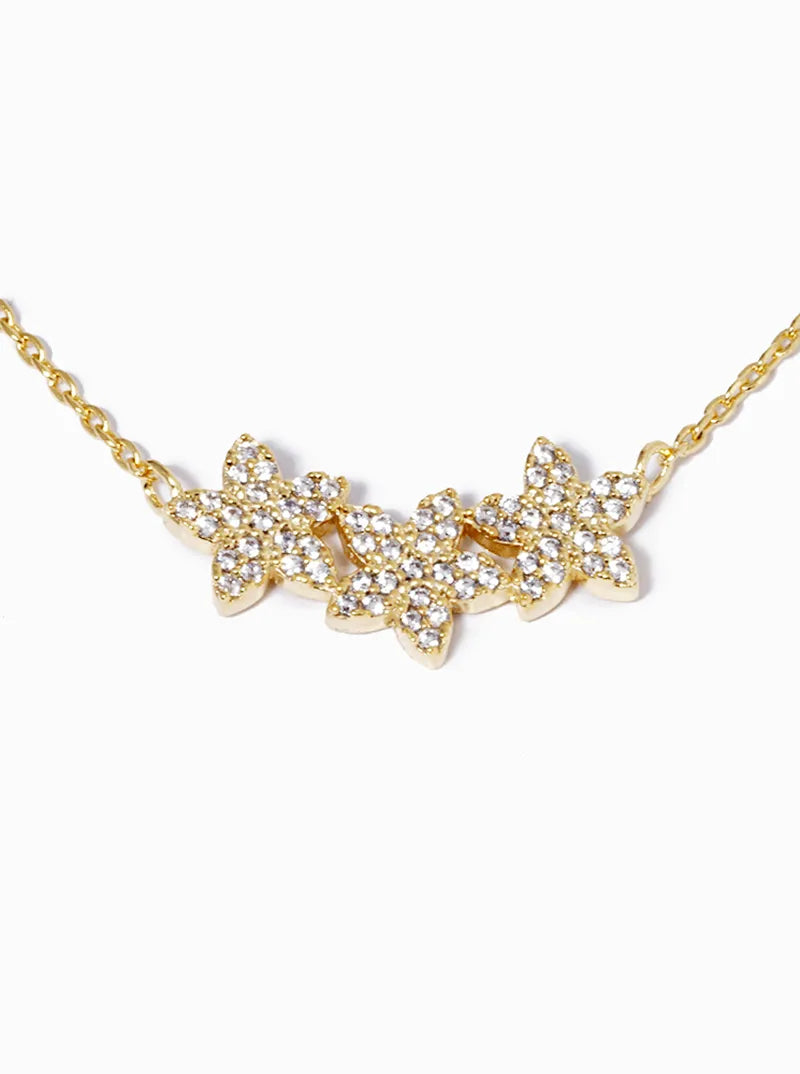 18k Gold Dipped CZ Pave Dainty Three Flower Pendant Necklace