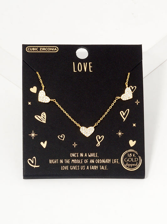 18k Gold Dipped CZ Pave Dainty Three Hearts Pendant Necklace