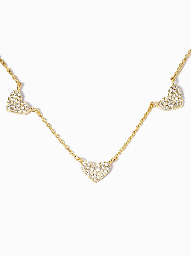 18k Gold Dipped CZ Pave Dainty Three Hearts Pendant Necklace
