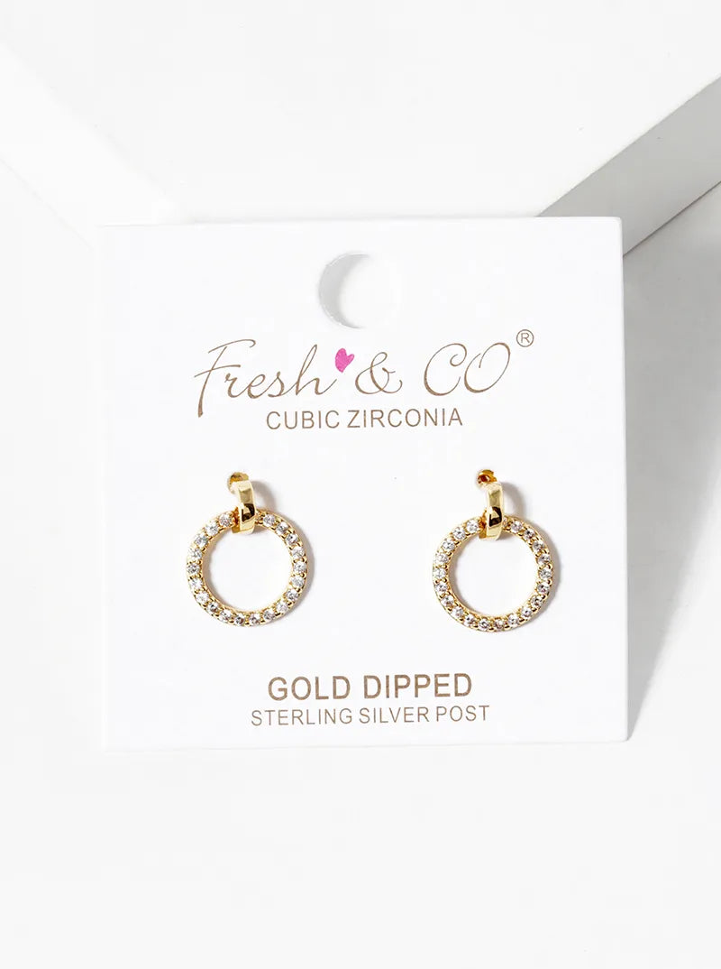 18k Gold Dipped CZ Pave Delicate Door Knocker Dangle Post Earrings