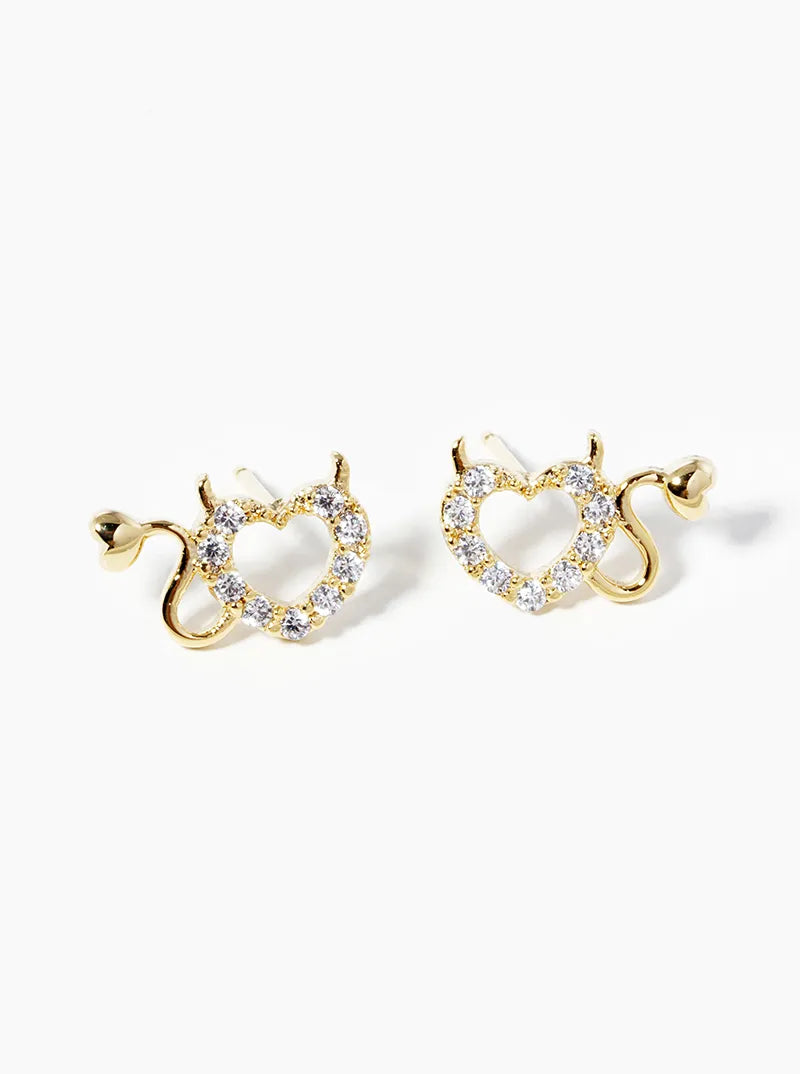18k Gold Dipped CZ Pave Devil Heart Post Stud Earrings