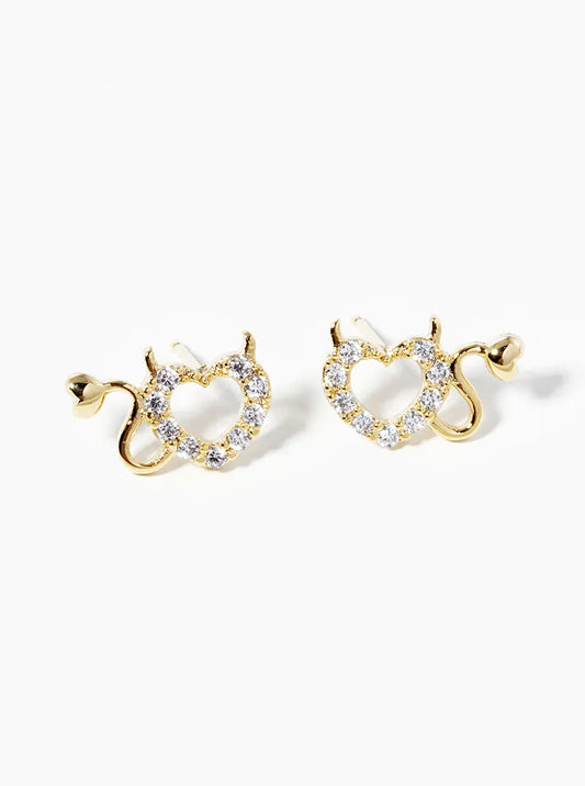 18k Gold Dipped CZ Pave Devil Heart Post Stud Earrings