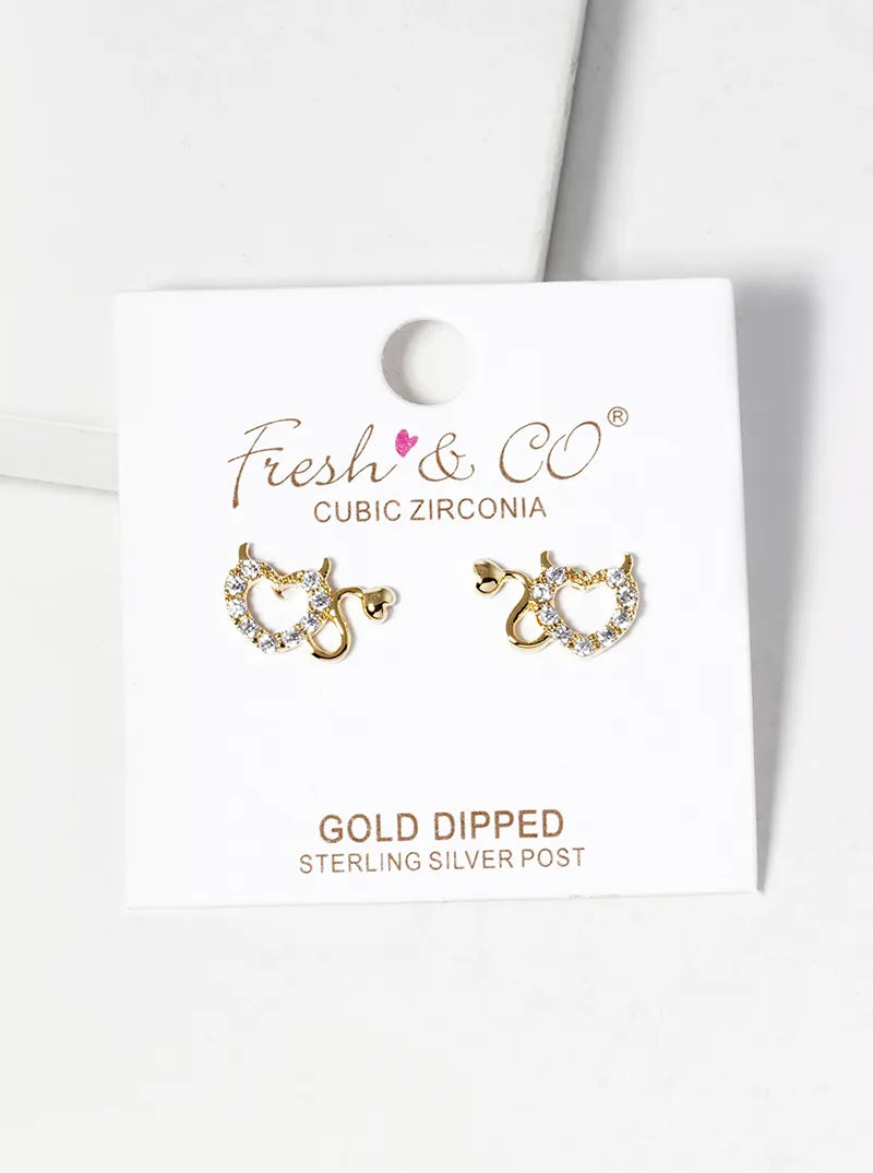 18k Gold Dipped CZ Pave Devil Heart Post Stud Earrings