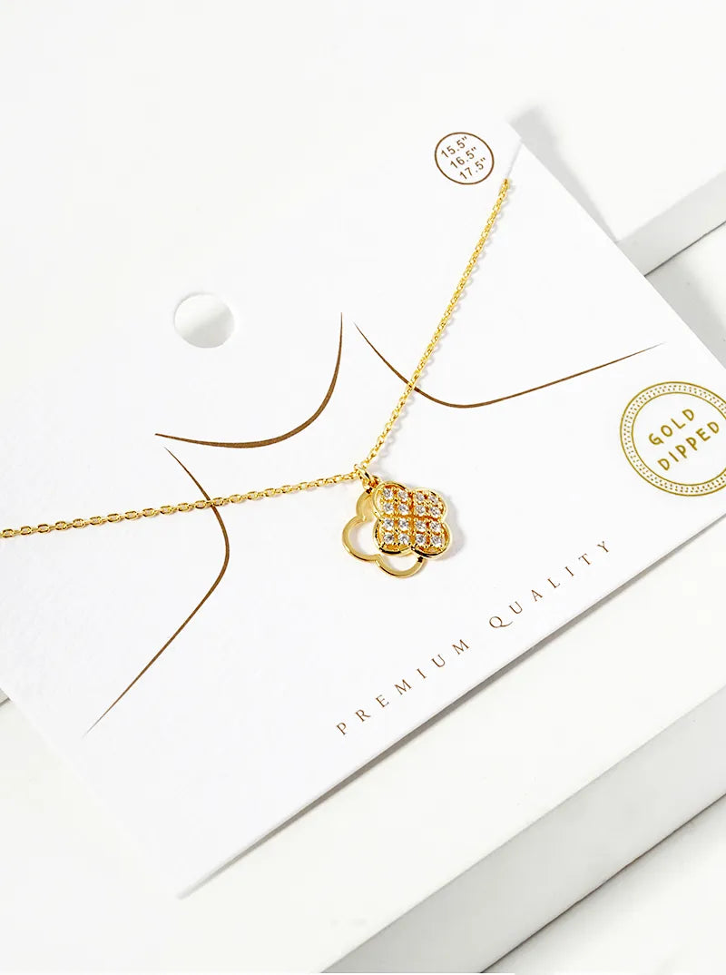 18k Gold Dipped CZ Pave Double Quatrefoil Pendant Necklace