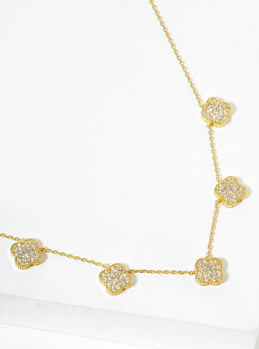 18k Gold Dipped CZ Pave Five Quatrefoil Pendant Necklace