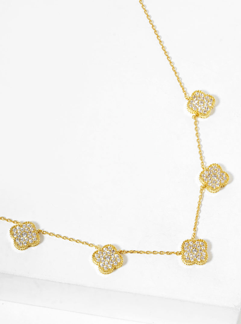 White Gold Dipped CZ Pave Five Quatrefoil Pendant Necklace