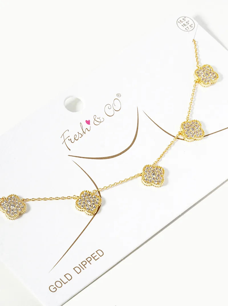 18k Gold Dipped CZ Pave Five Quatrefoil Pendant Necklace