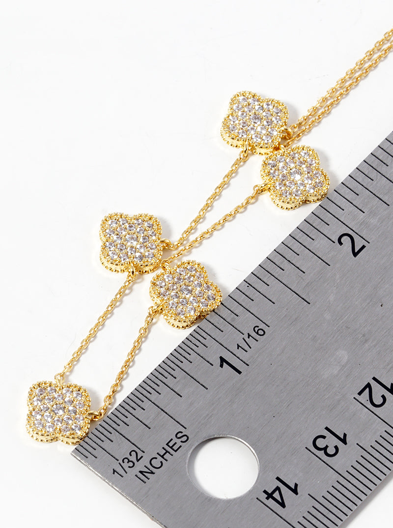 18k Gold Dipped CZ Pave Five Quatrefoil Pendant Necklace