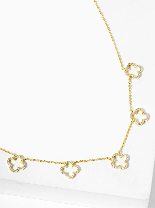 18k Gold Dipped CZ Pave Five Quatrefoil Pendant Necklace