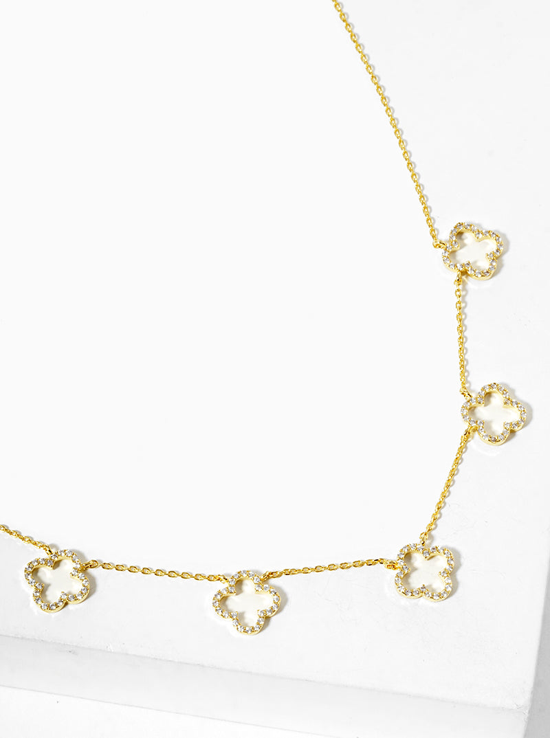White Gold Dipped CZ Pave Five Quatrefoil Pendant Necklace