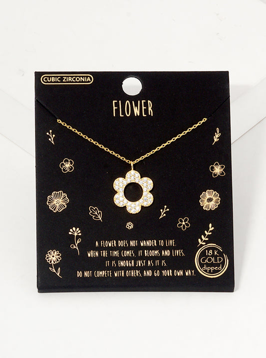 18k Gold Dipped CZ Pave Flower Pendant Necklace