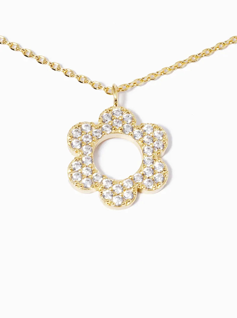 18k Gold Dipped CZ Pave Flower Pendant Necklace